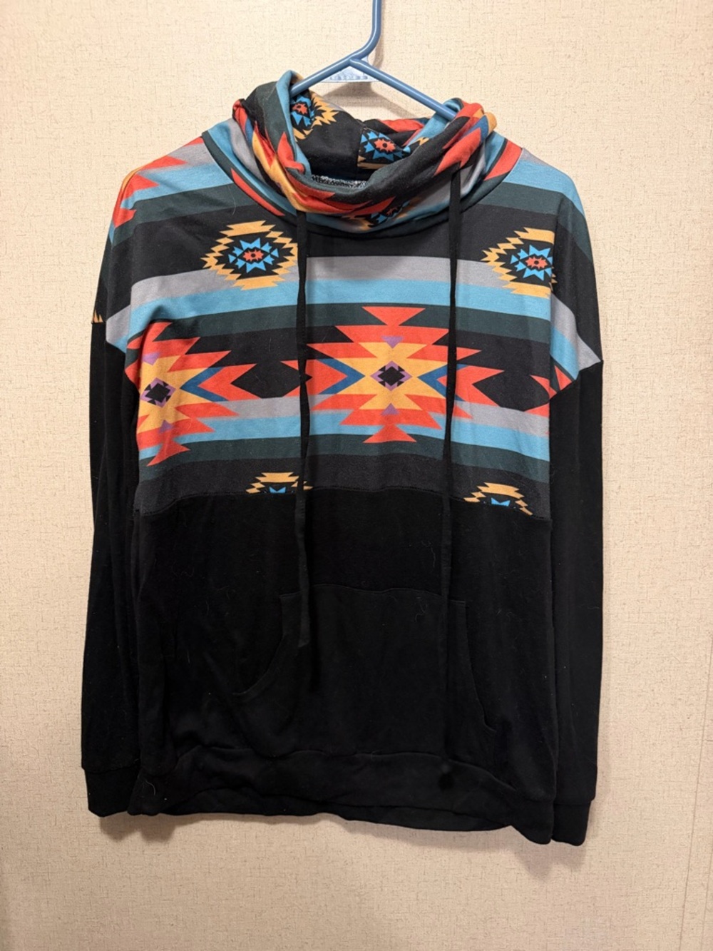 Southwest Pattern Cowl Neck Pullover Hoodie - Black with Teal & Orange Accents